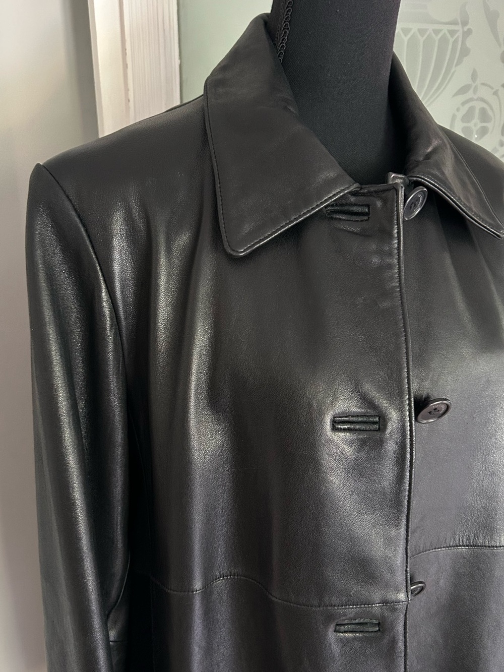 Liz Claiborne Black Leather Button-Front Long Jacket